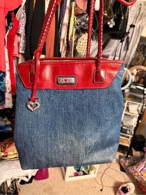 Brighton Red Leather Trim Denim Shoulder Tote with Heart Charm